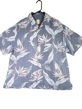Jamaica Jaxx 100% Silk Shirt Men's XL Bird of Paradise Floral Hawaiian Blue Grey